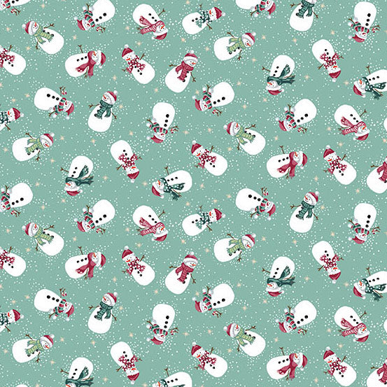 Pattern of snowmen with scarves and hats on a teal quilting cotton