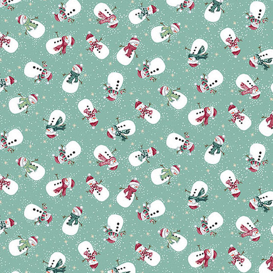 Pattern of snowmen with scarves and hats on a teal quilting cotton