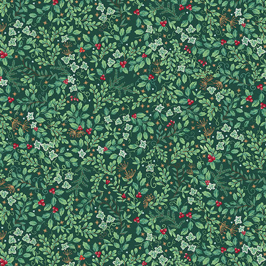 A repeating botanical pattern featuring green leaves, small red berries, white star-shaped flowers, and a few tan/orange insect details on a dark green quilting cotton