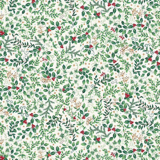 Christmas-themed pattern with green leaves, red berries, and gold accents on a white quilting cotton