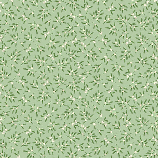 A repeating mistletoe pattern featuring small white flowers and green leaves on a soft sage green quilting cotton