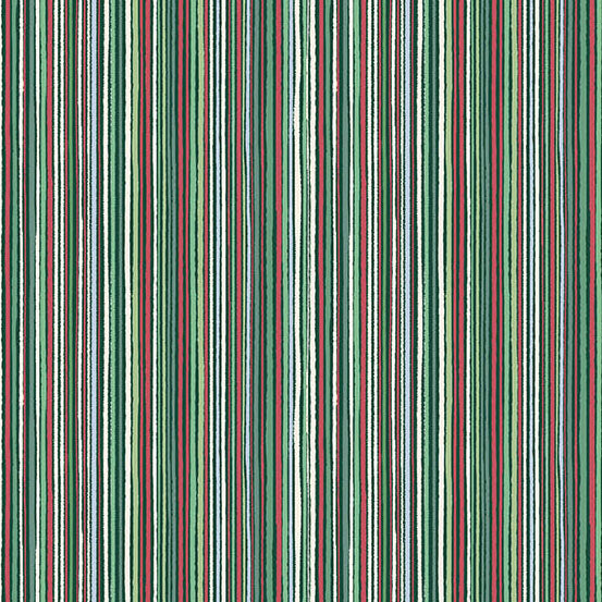 A close-up of a striped pattern featuring vertical stripes in green, red, and cream quilting cotton