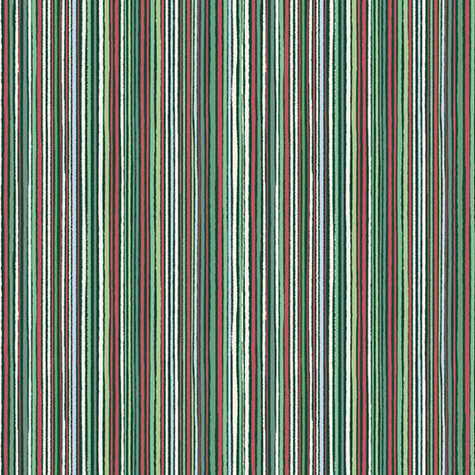 A close-up of a striped pattern featuring vertical stripes in green, red, and cream quilting cotton