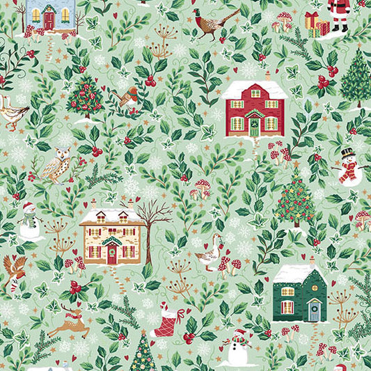 Christmas-themed pattern with houses, trees, and animals on a green quilting cotton