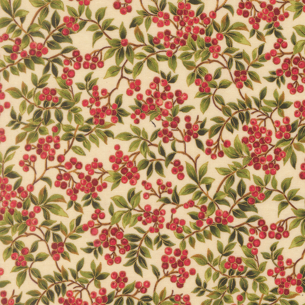 Pattern of red berries and green leaves on a beige quilting cotton with gold metallic details