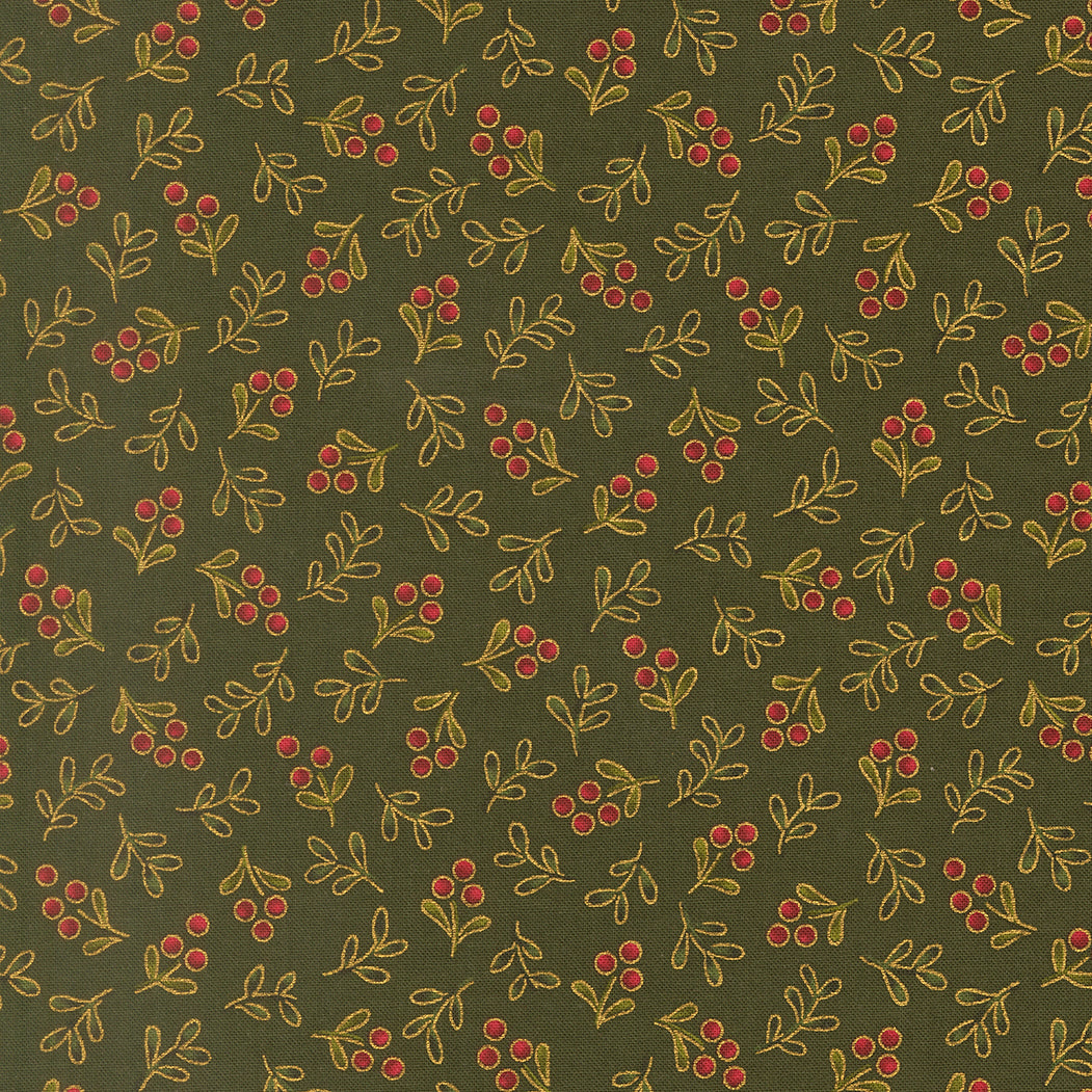 Pattern of red berries and green leaves on a dark green  quilting cotton with metallic gold detailing