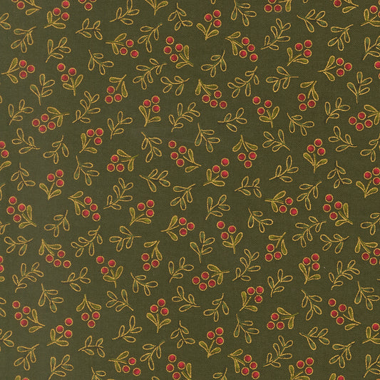 Pattern of red berries and green leaves on a dark green  quilting cotton with metallic gold detailing