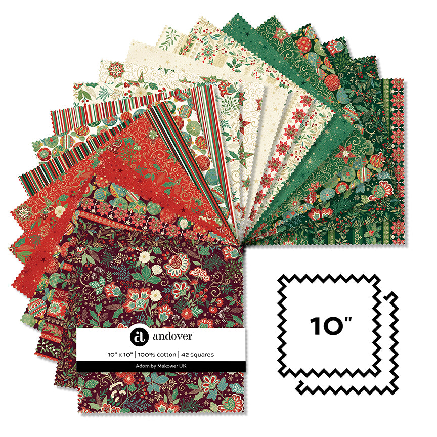 Collection of ten inch squares in festive design quilting cotton