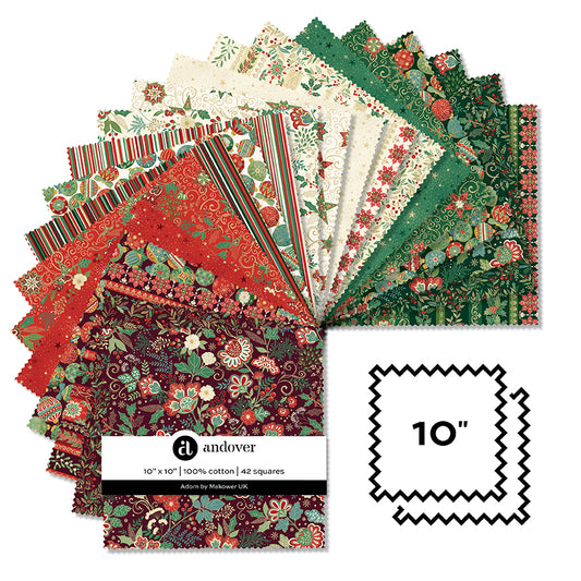 Collection of ten inch squares in festive design quilting cotton