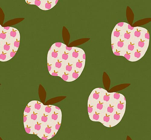 Pattern of pink and white apples with brown stems on a green linen cotton canvas