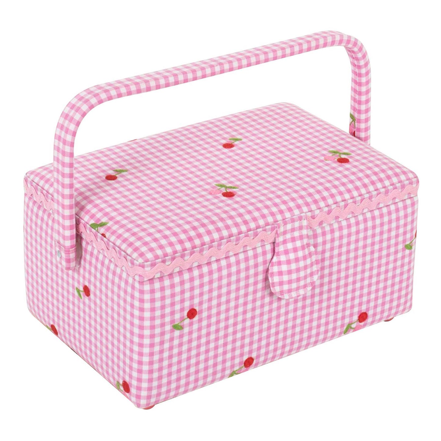 Pink gingham sewing box with embroidered cherries design