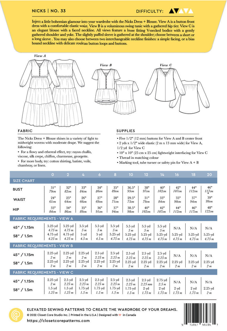 Closet Core - Paper Sewing Pattern - Nicks Dress + Blouse Pattern