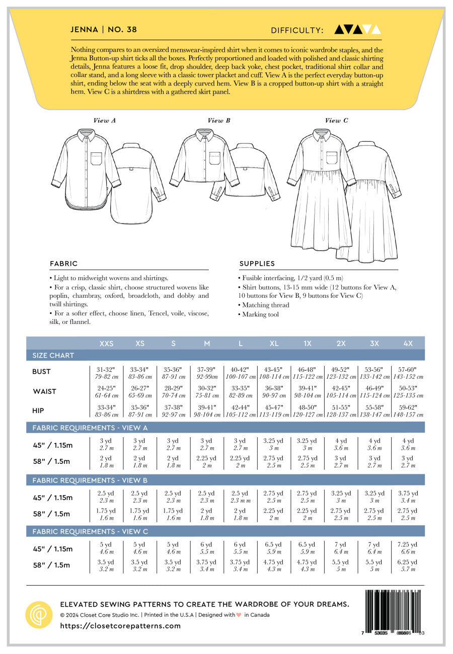 Closet Core - Paper Sewing Pattern - Jenna Shirt + Shirtdress