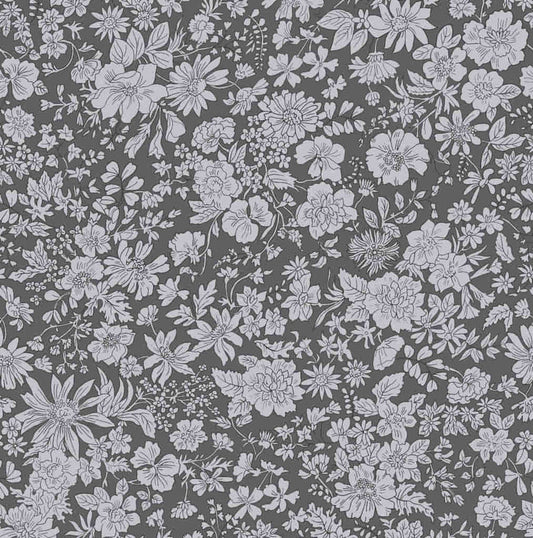 Grey floral pattern on a light black quilting cotton