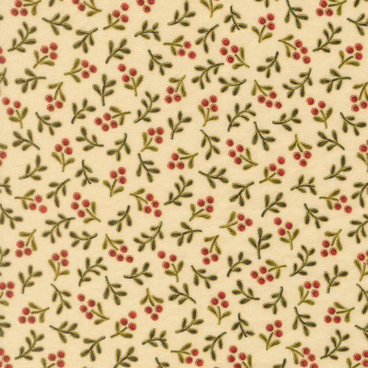 Pattern of green leaves and red berries on a cream quilting cotton with metallic gold detailing 
