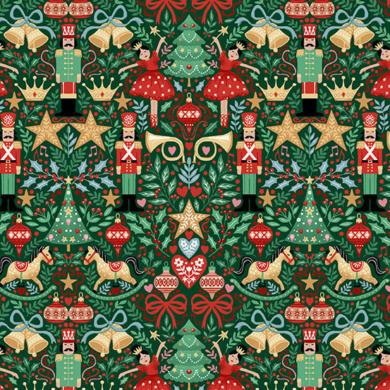 Christmas-themed pattern with trees, nutcrackers, and other festive elements on a green quilting cotton