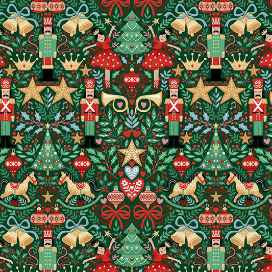 Christmas-themed pattern with trees, nutcrackers, and other festive elements on a green quilting cotton