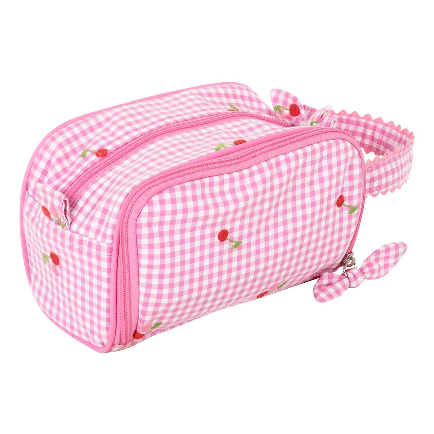 Pink gingham crochet bag with embroidered cherry designs 