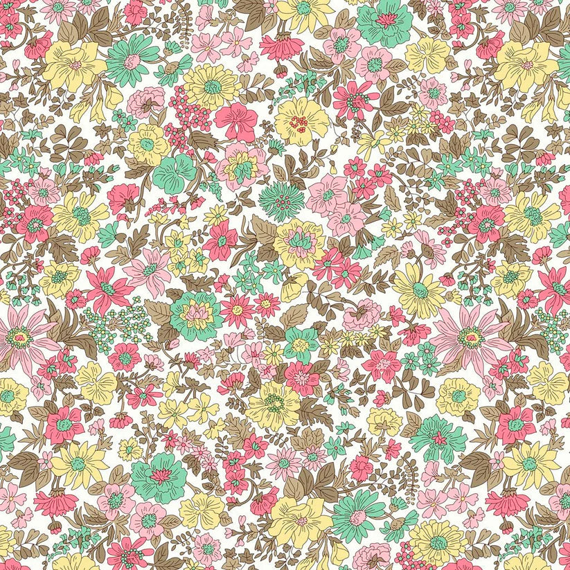 Quilting weight cotton featuring a floral design in pinks, greens, and yellows with brown foliage