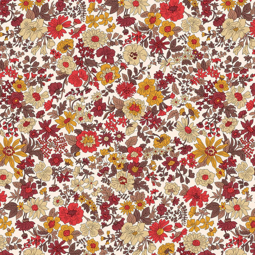 Floral pattern with red, yellow, and brown flowers on a beige quilting cotton