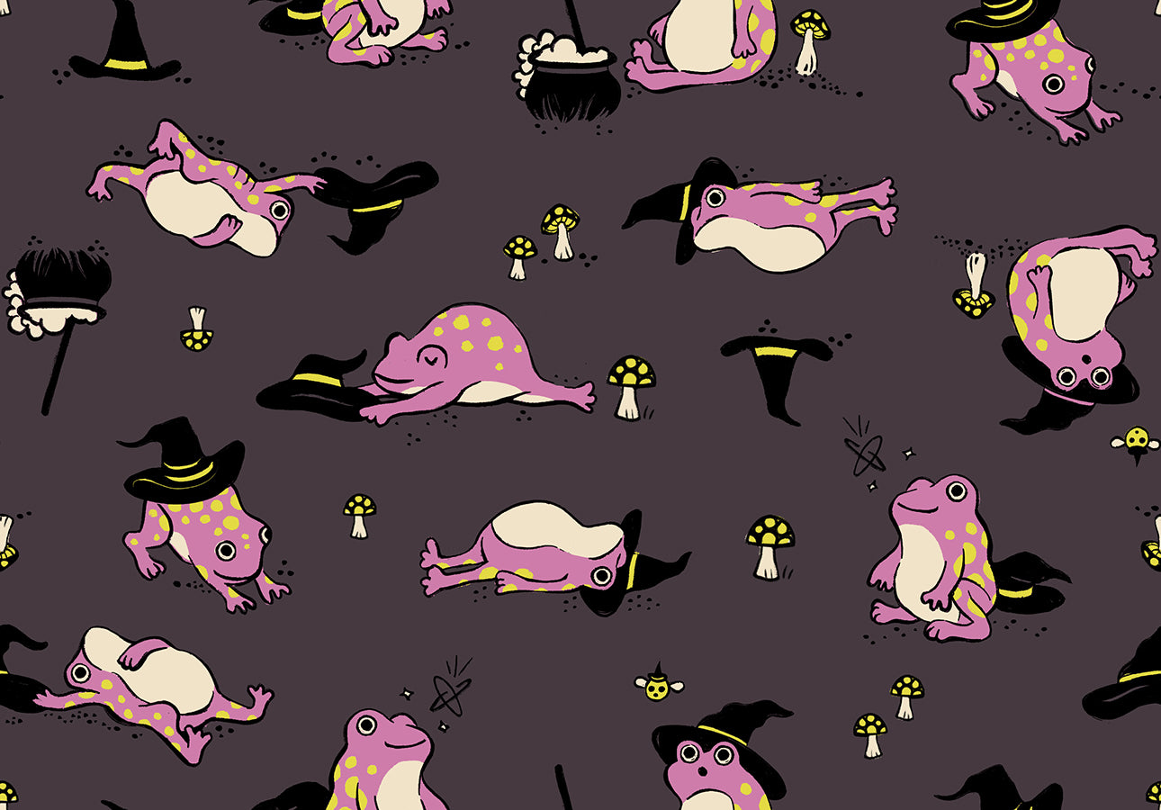 Pattern of cartoon frogs in witch costumes on a dark eggplant quilting cotton