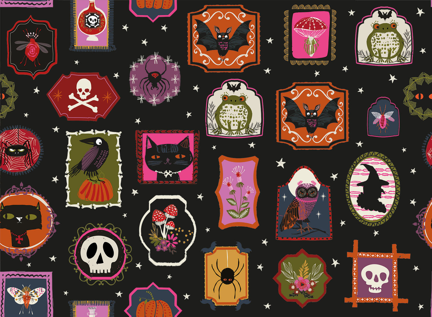 Halloween-themed gallery frames with various spooky designs on a black quilting cotton.