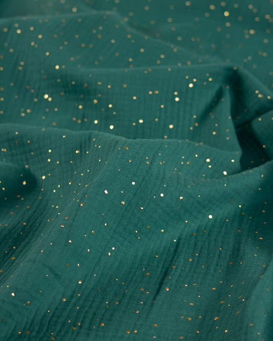 Gold Speckle Cotton Double Gauze Fabric - Evergreen
