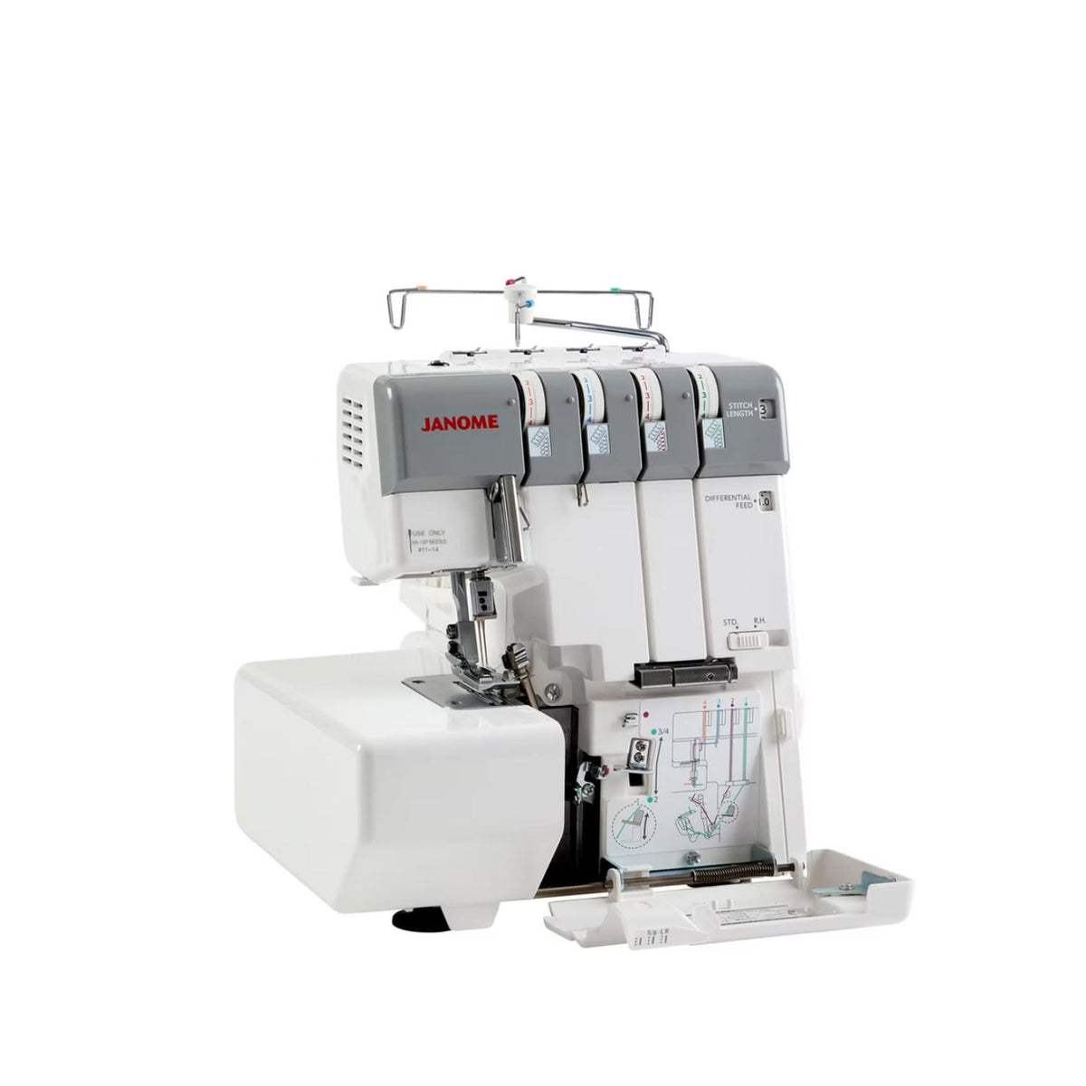 A Janome 4-thread overlock sewing machine in white and gray, shown from a three-quarter angle on a solid white background.