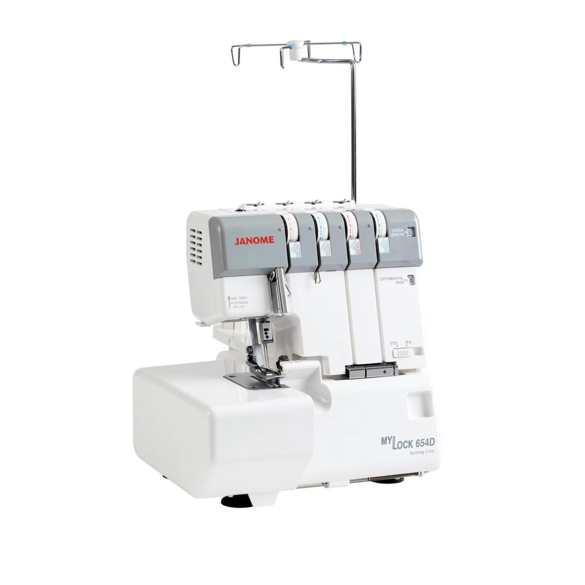 A Janome MyLock 654D overlock sewing machine in white and gray, featuring a black metal thread holder stand, shown on a solid white background.