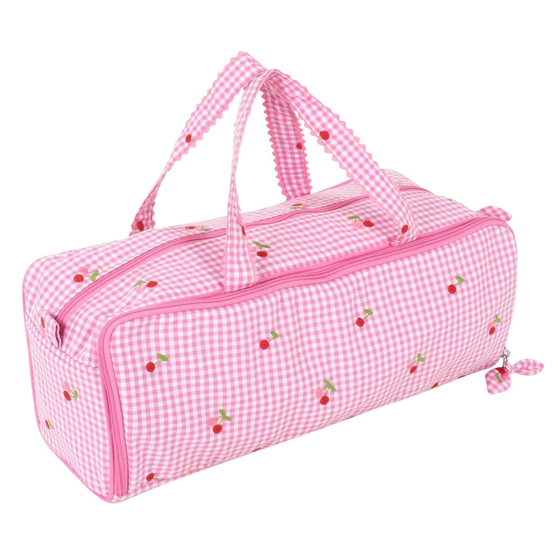 Pink gingham knitting bag with embroidered cherries