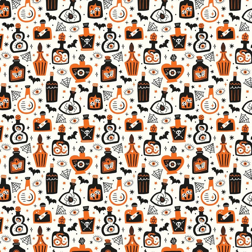 A repeating Halloween-themed pattern featuring orange and black potion bottles, bats, spiders, eyeballs, cobwebs, stars, and small skulls on a white quilting cotton