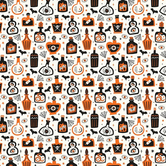 A repeating Halloween-themed pattern featuring orange and black potion bottles, bats, spiders, eyeballs, cobwebs, stars, and small skulls on a white quilting cotton