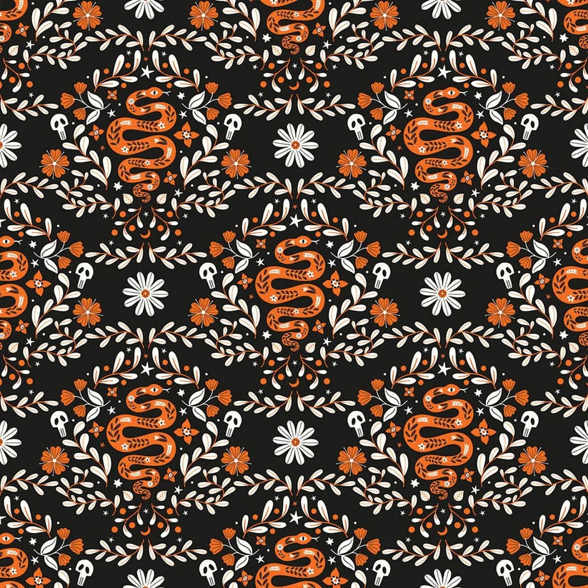 A repeating Halloween-themed pattern featuring orange snakes, white daisies, white skulls, and white leafy vines on a black quilting cotton