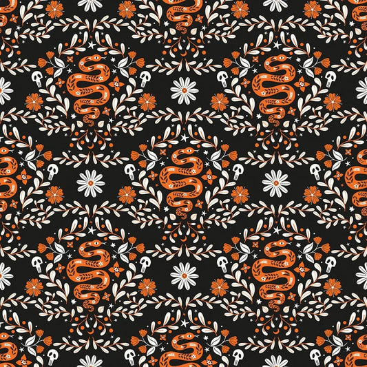 A repeating Halloween-themed pattern featuring orange snakes, white daisies, white skulls, and white leafy vines on a black quilting cotton