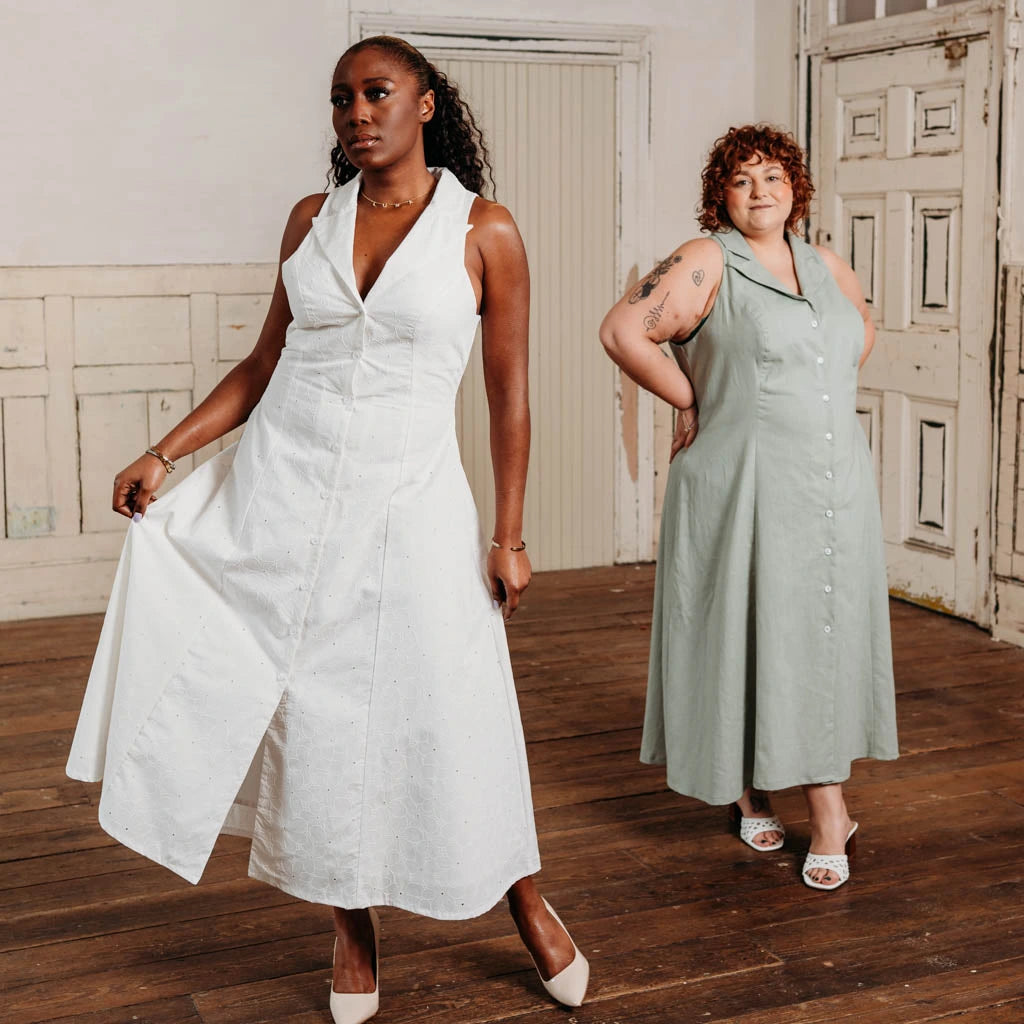 Two women wearing handmade dresses using the Diana dress sewing pattern from NH Patterns