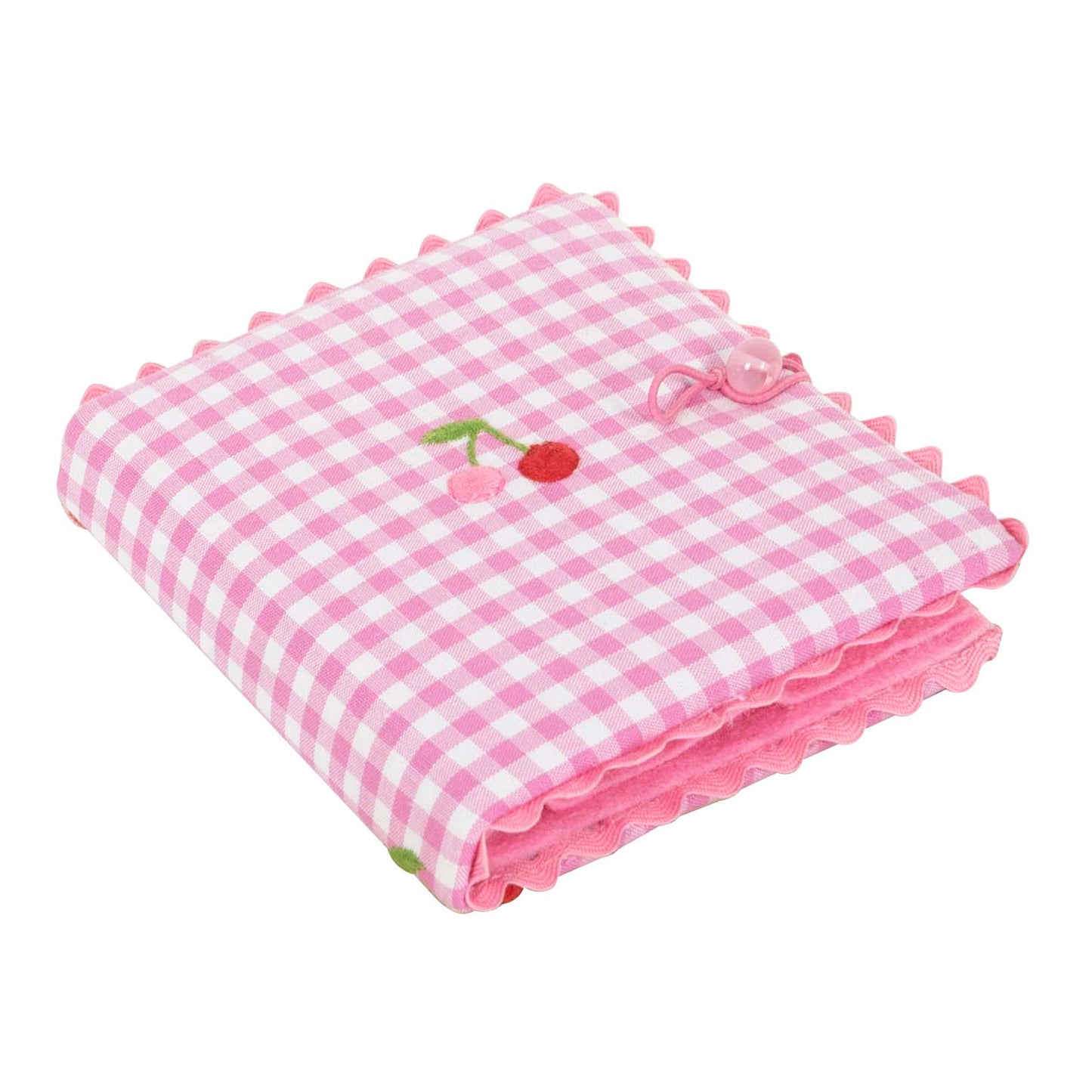 Pink gingham needle case with cherry embroidery and pink ric rac trim