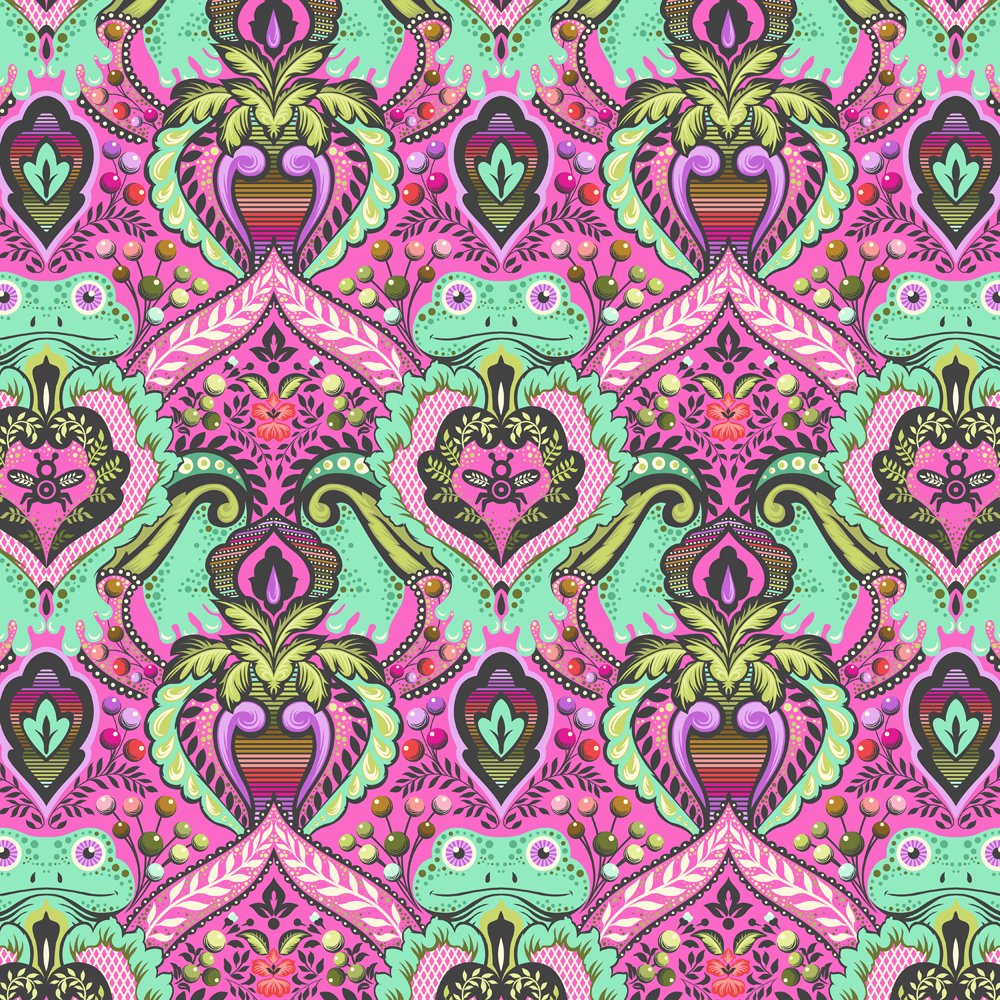 A vibrant, seamless ornamental pattern featuring stylized green frogs, pink hearts, and turquoise floral motifs in a symmetrical, folk-art style in a quilting weight cotton