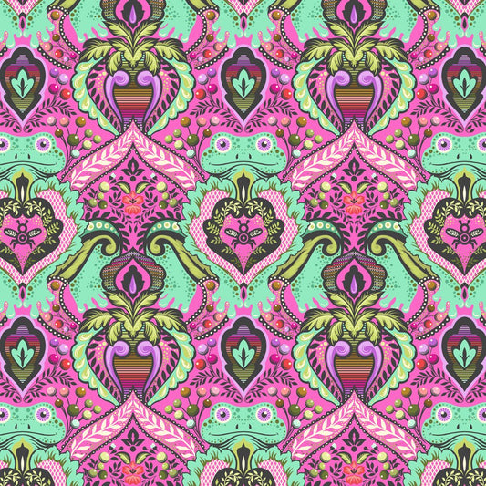 A vibrant, seamless ornamental pattern featuring stylized green frogs, pink hearts, and turquoise floral motifs in a symmetrical, folk-art style in a quilting weight cotton