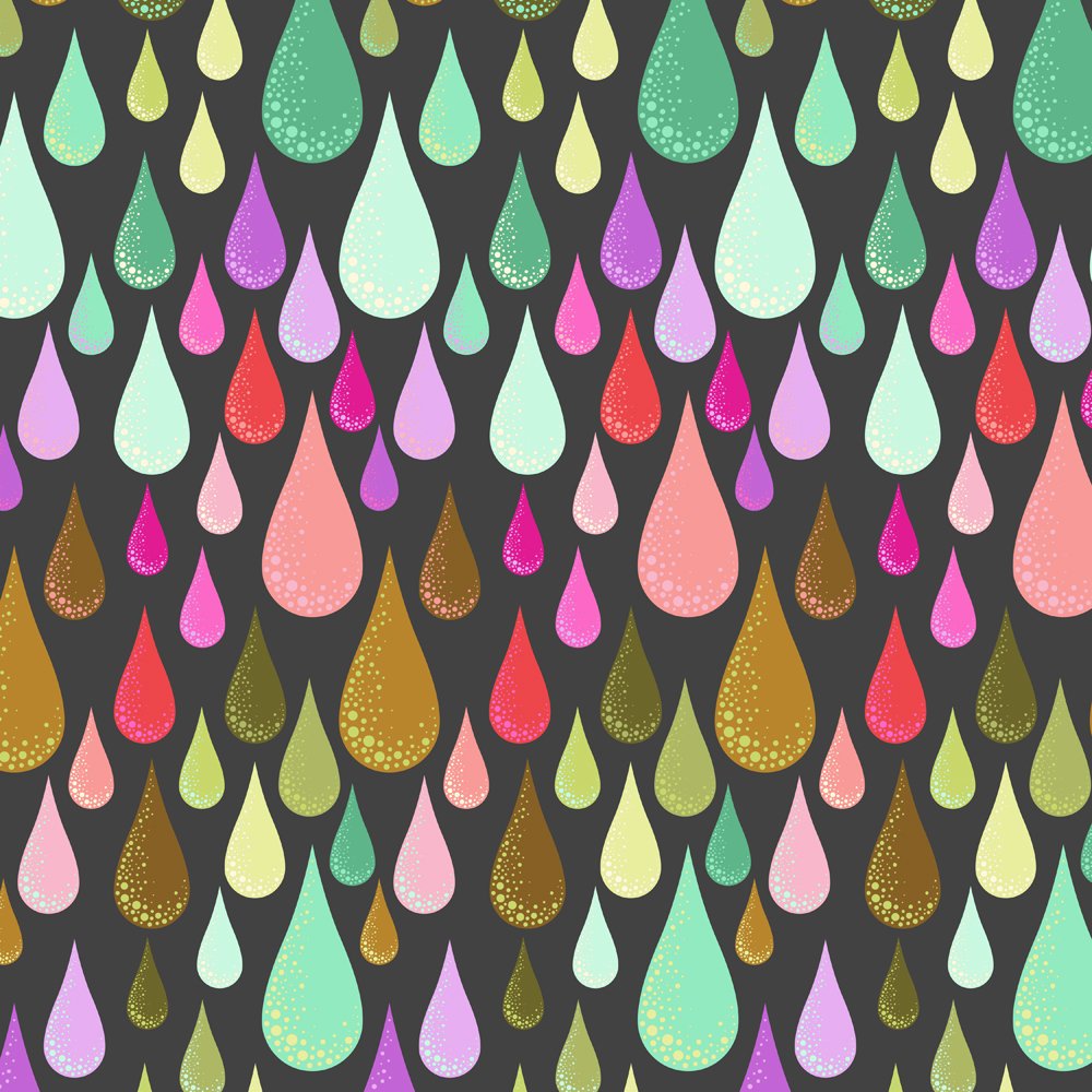Colourful raindrop pattern on a dark quilting cotton