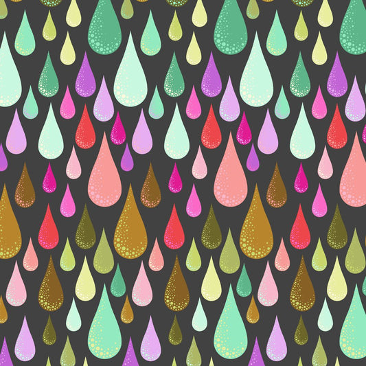Colourful raindrop pattern on a dark quilting cotton