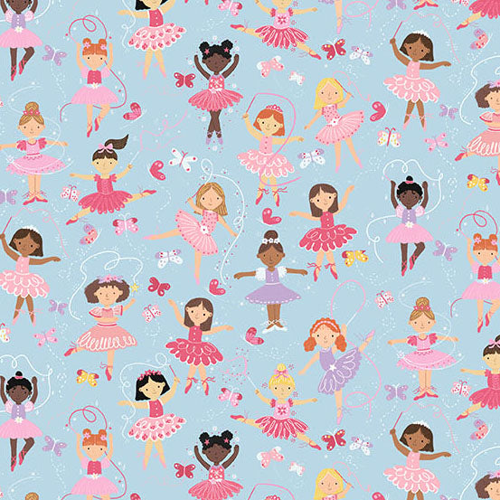 A repeating pattern of cartoon ballerina girls in pink and purple tutus, butterflies, and small bows on a light blue background.