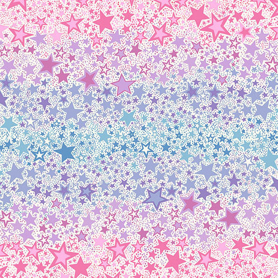 A seamless repeating pattern featuring a dense field of multi-colored stars in pink, purple, and blue, overlaid on a white background with small polka dots.