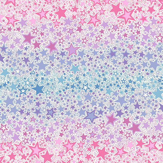 A seamless repeating pattern featuring a dense field of multi-colored stars in pink, purple, and blue, overlaid on a white background with small polka dots.