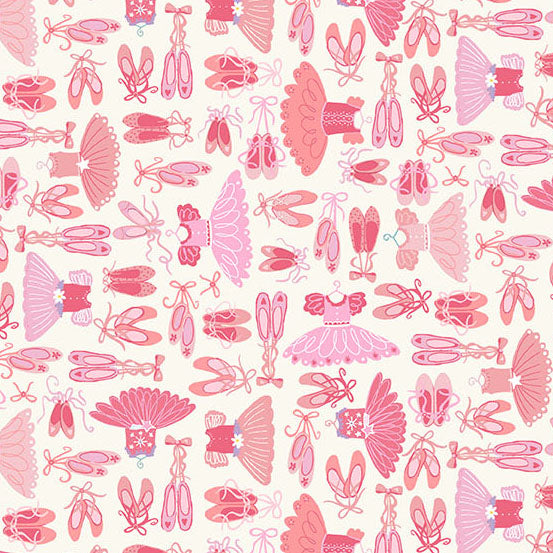 A repeating pattern of ballet-themed illustrations in shades of pink and coral on a warm off-white background, featuring tutus, pointe shoes, leotards, bows, and ribbon details.