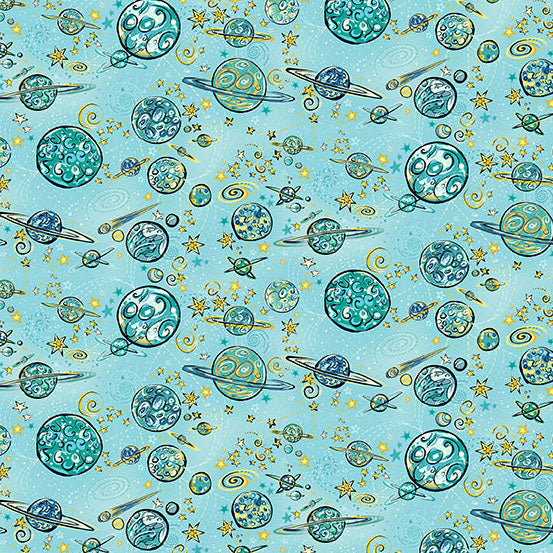 A repeating space-themed pattern featuring illustrated planets, rings, stars, and swirls on a light aqua background.