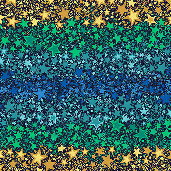 Blue yellow and green stars in an ombre desgin on a quilting cotton fabric 