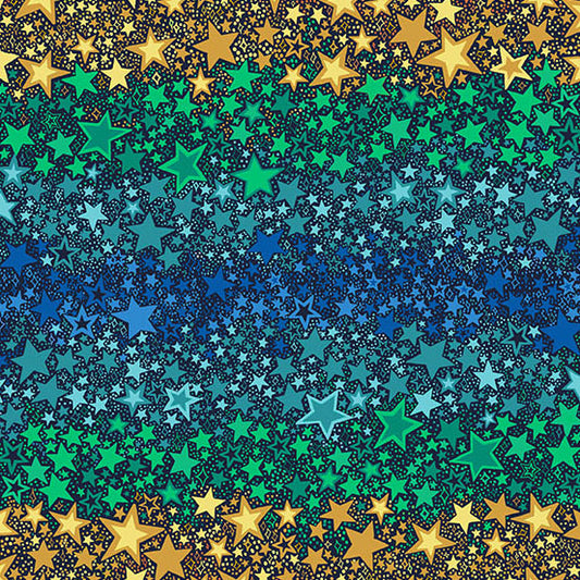 Blue yellow and green stars in an ombre desgin on a quilting cotton fabric 