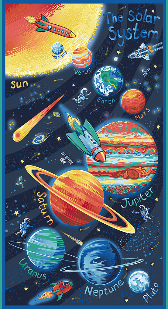 A colorful cotton panel showing illustrated planets of the solar system,  the sun, rockets, astronauts, and stars on a dark blue space background.