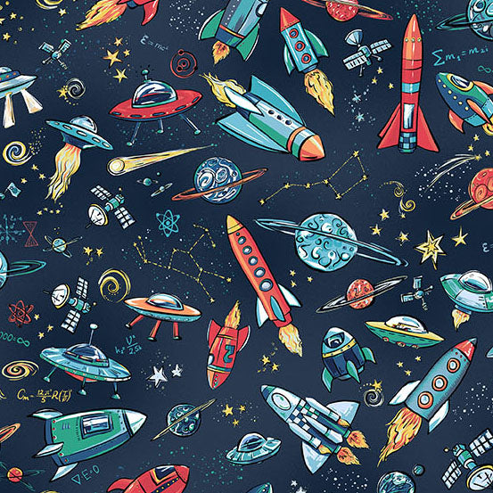 Space-themed pattern fabric with rockets, planets, and stars on a dark blue background