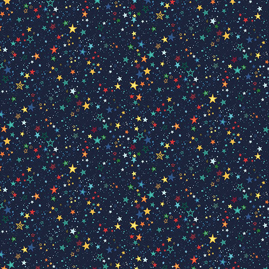 Pattern of colorful stars on a dark blue background quilting cotton